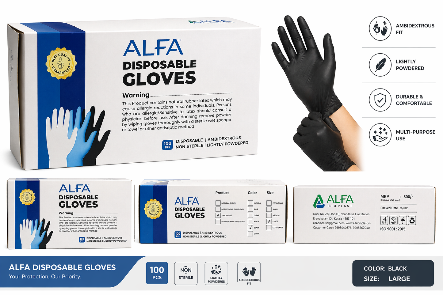 ALFA Disposable LATEX / VINYL Gloves – 100 pcs (Black, Large)
